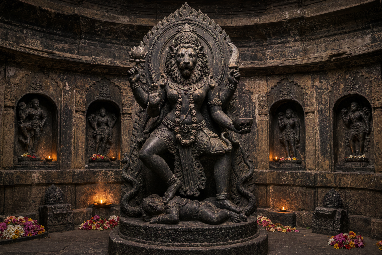 A four-armed lion-headed Yogini stands in a stone shrine with a flame halo, serpent ornaments, ritual objects and a raised protective hand.