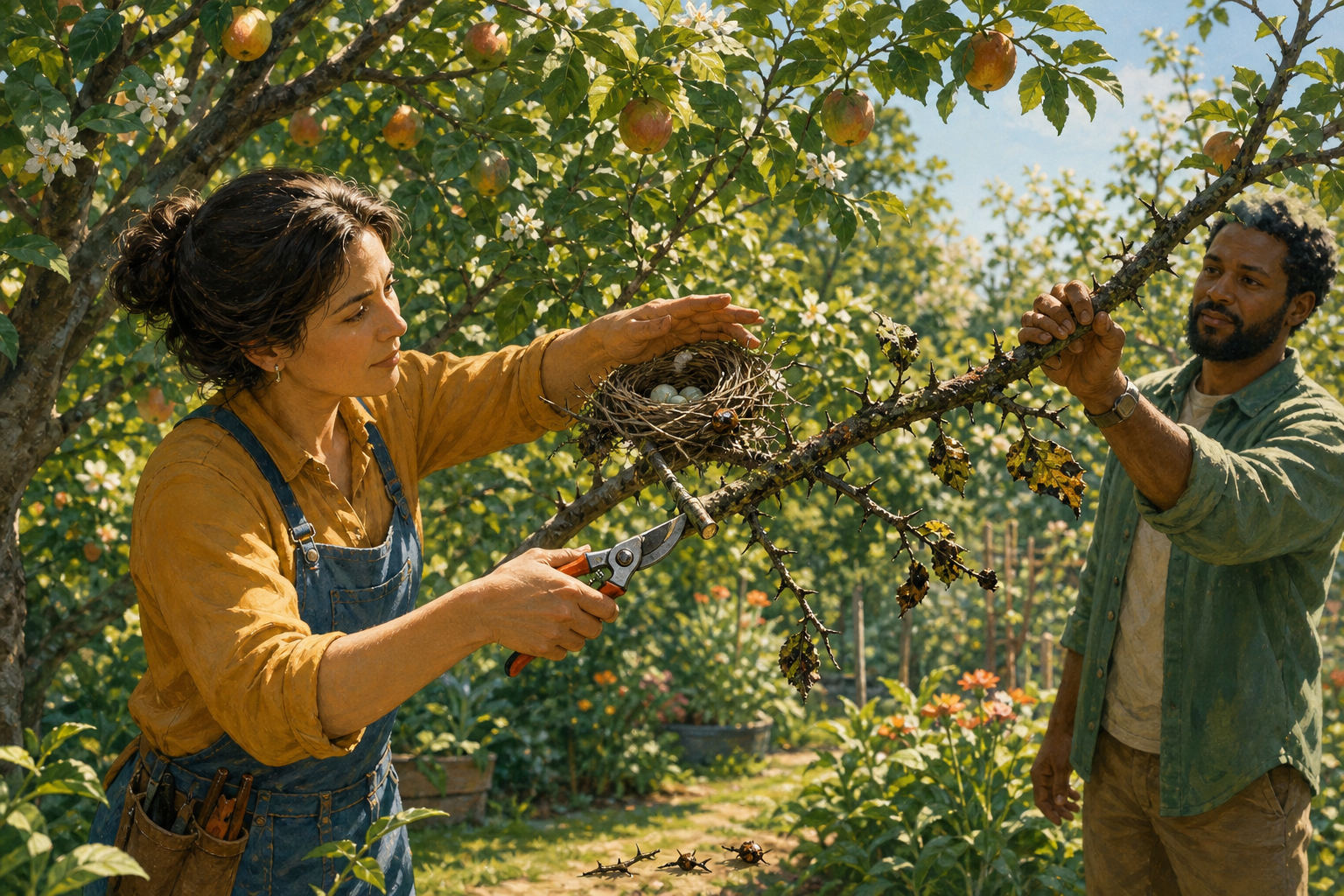 Two people carefully remove one thorny diseased branch from a fruit tree while protecting a nearby bird nest.