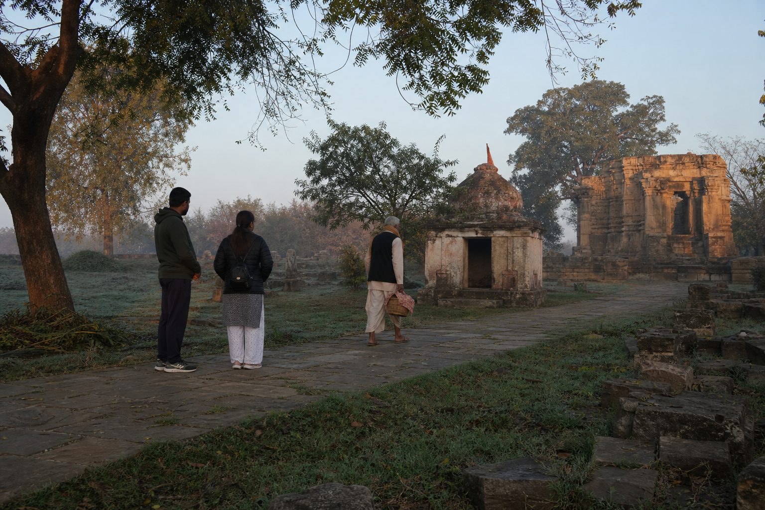 Visitors pause on a dawn footpath as a village resident approaches a weathered shrine in Gyaraspur.