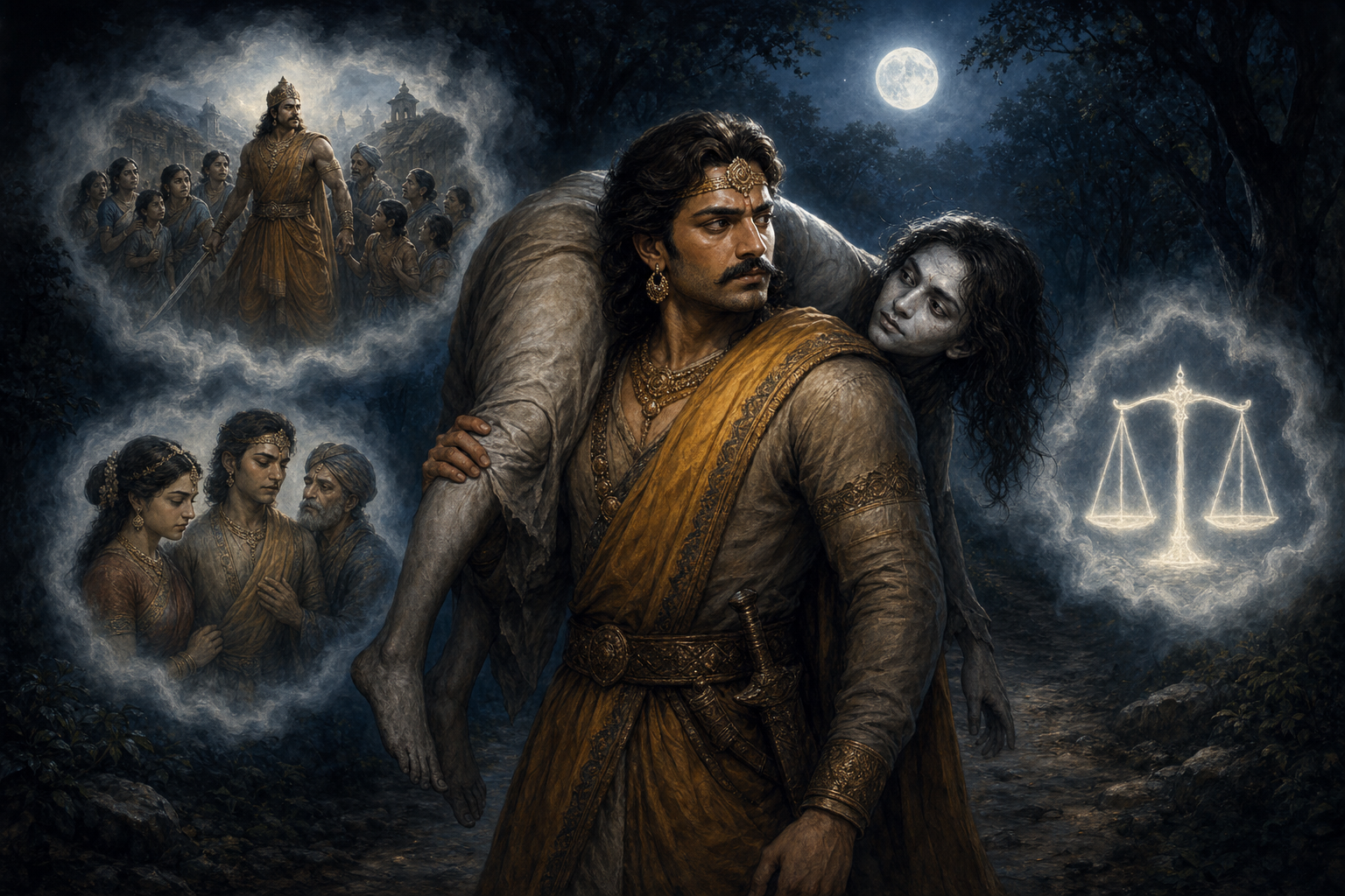 A thoughtful king carrying an alert-eyed corpse pauses as misty scenes of protection, family loyalty, and balanced scales surround him.