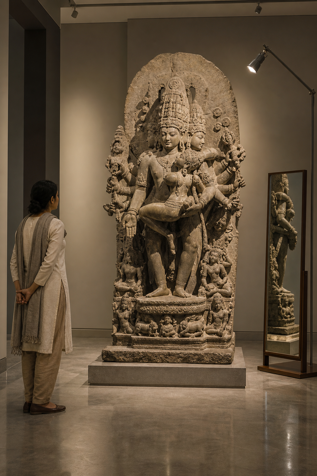 A museum visitor studies the full form, faces, hands, pedestal and surrounding carvings of a multi-armed Shiva-Shakti sculpture.