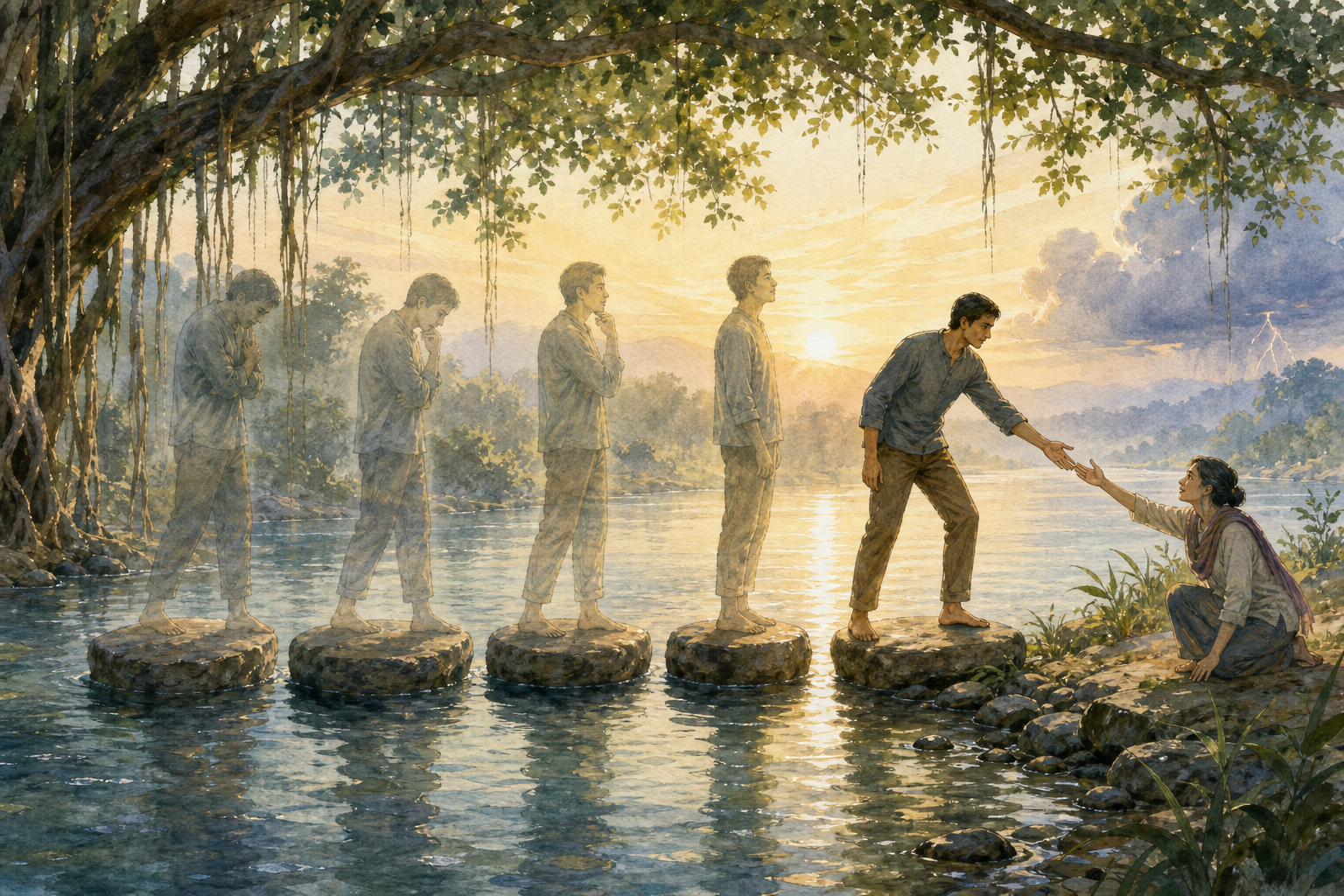 Successive translucent views of one person cross stepping stones from a tense posture to calmly helping someone on a riverbank.