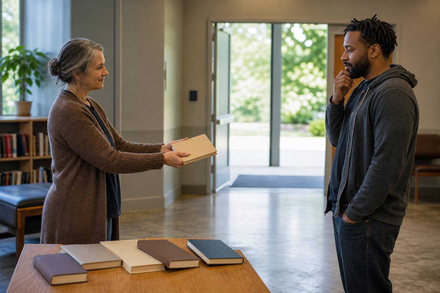 One adult respectfully offers an unmarked book while another considers it beside a table of additional books.