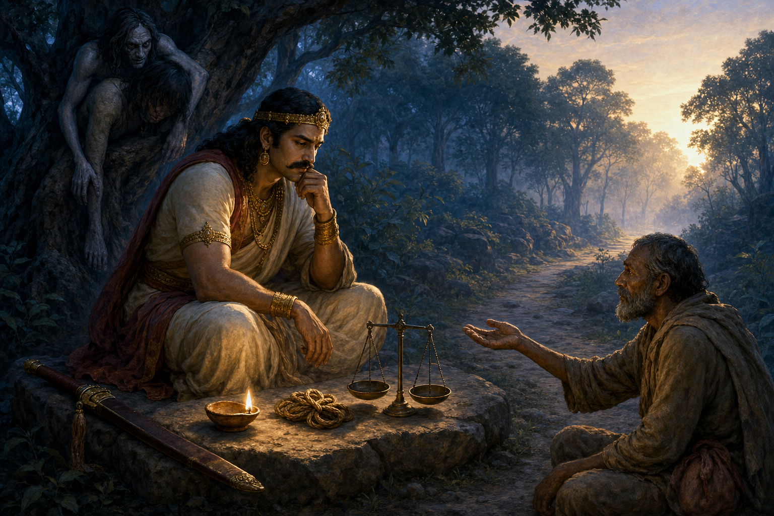 A seated ruler reflects beside a lamp, knotted cord, balance pans, and an outstretched helping hand while a corpse watches from a tree.