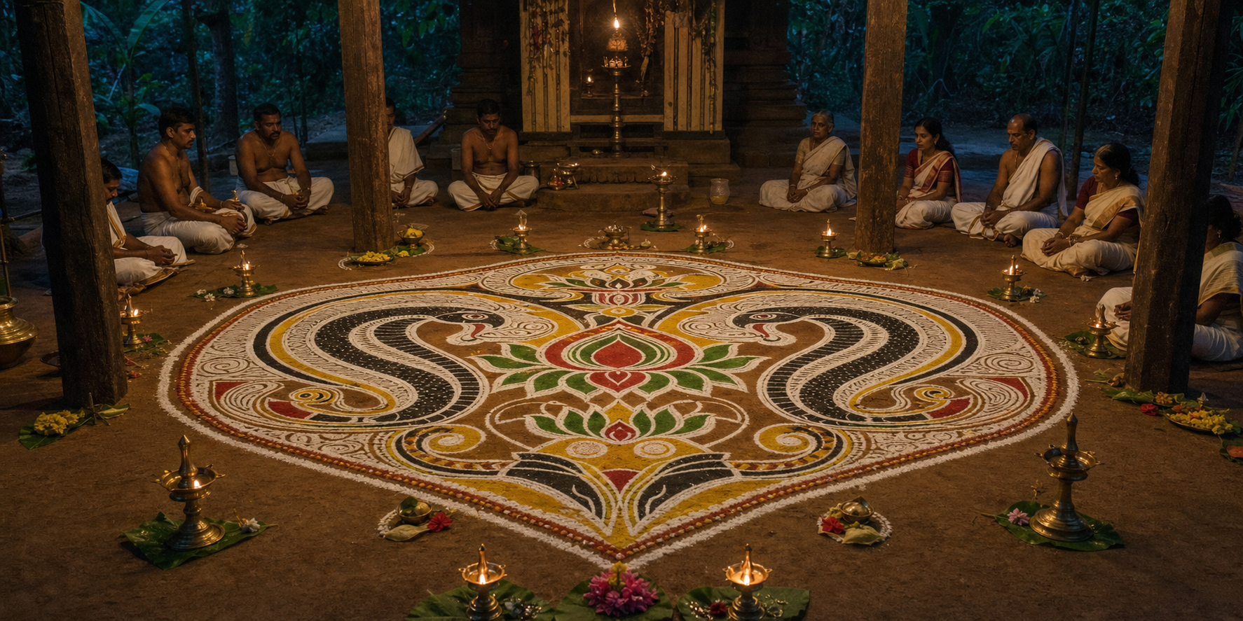A serpent-and-lotus kalam made with colored powders lies within a lamp-lit Kerala shrine courtyard as practitioners and family members sit beyond its boundary.