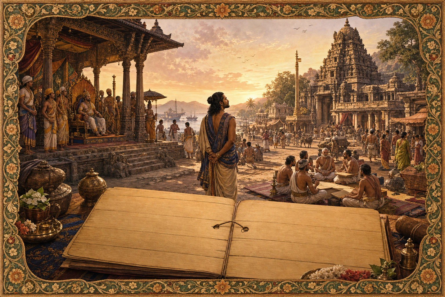 An open palm-leaf manuscript visually unfolds into a South Indian court, temple, scholars' gathering, town, and contemplative poet.