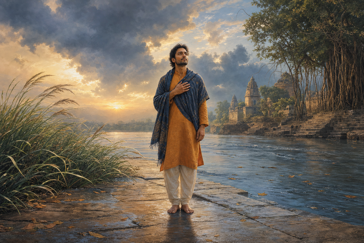 An Indian adult stands calmly beside a rippling river as wind moves grasses, clothing, clouds, and fallen leaves around them.