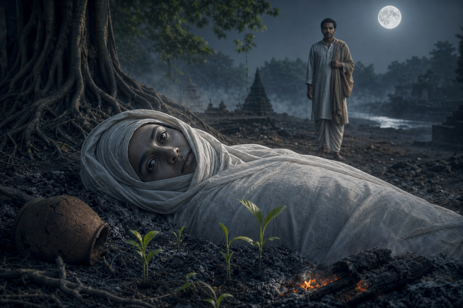 A shrouded, open-eyed corpse lies among ash, a fading ember, a cracked clay vessel, tree roots, and new shoots as a person stands nearby.