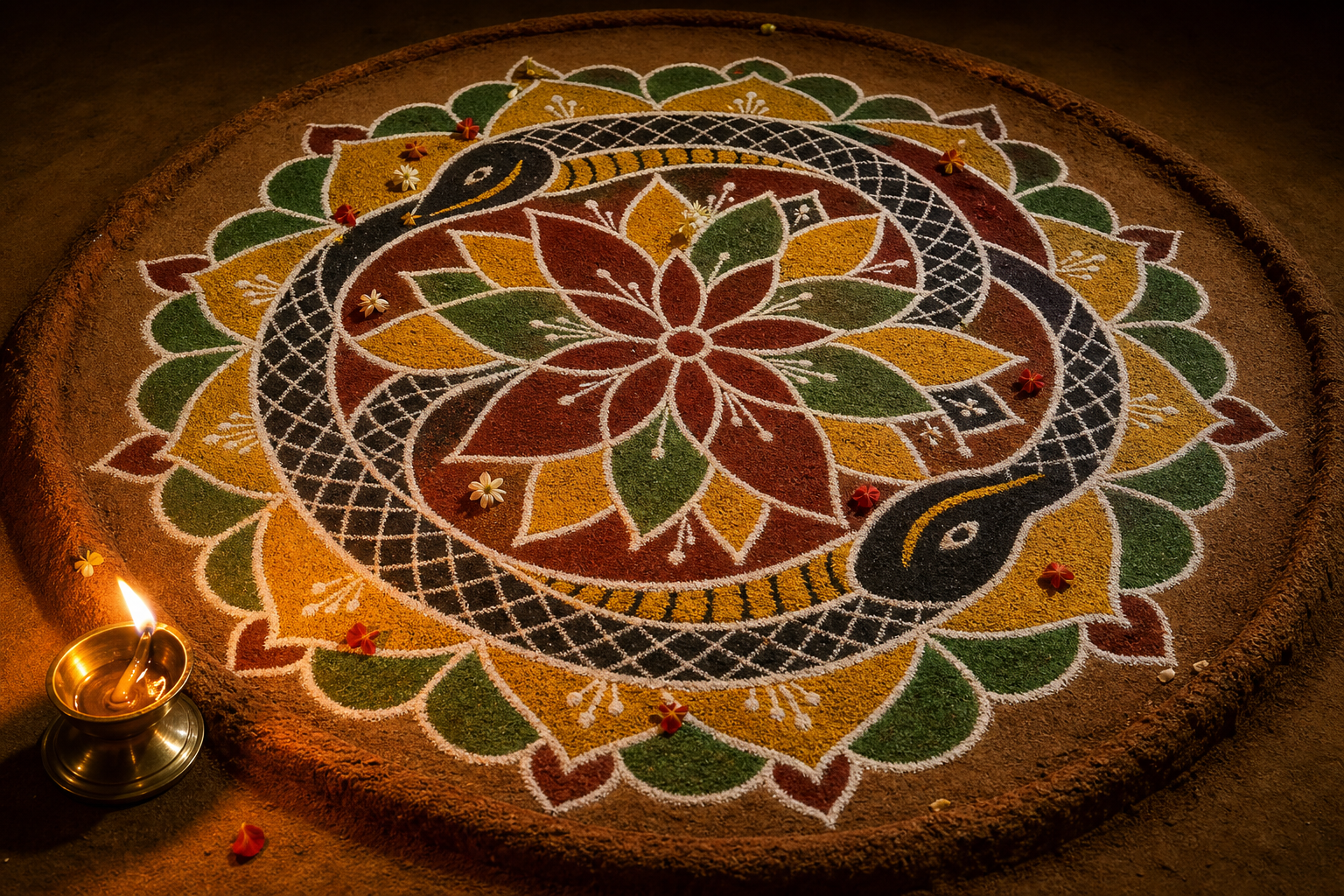 Colored natural powders form interlaced cobra shapes and a many-petaled lotus beside a small brass oil lamp on an earthen floor.