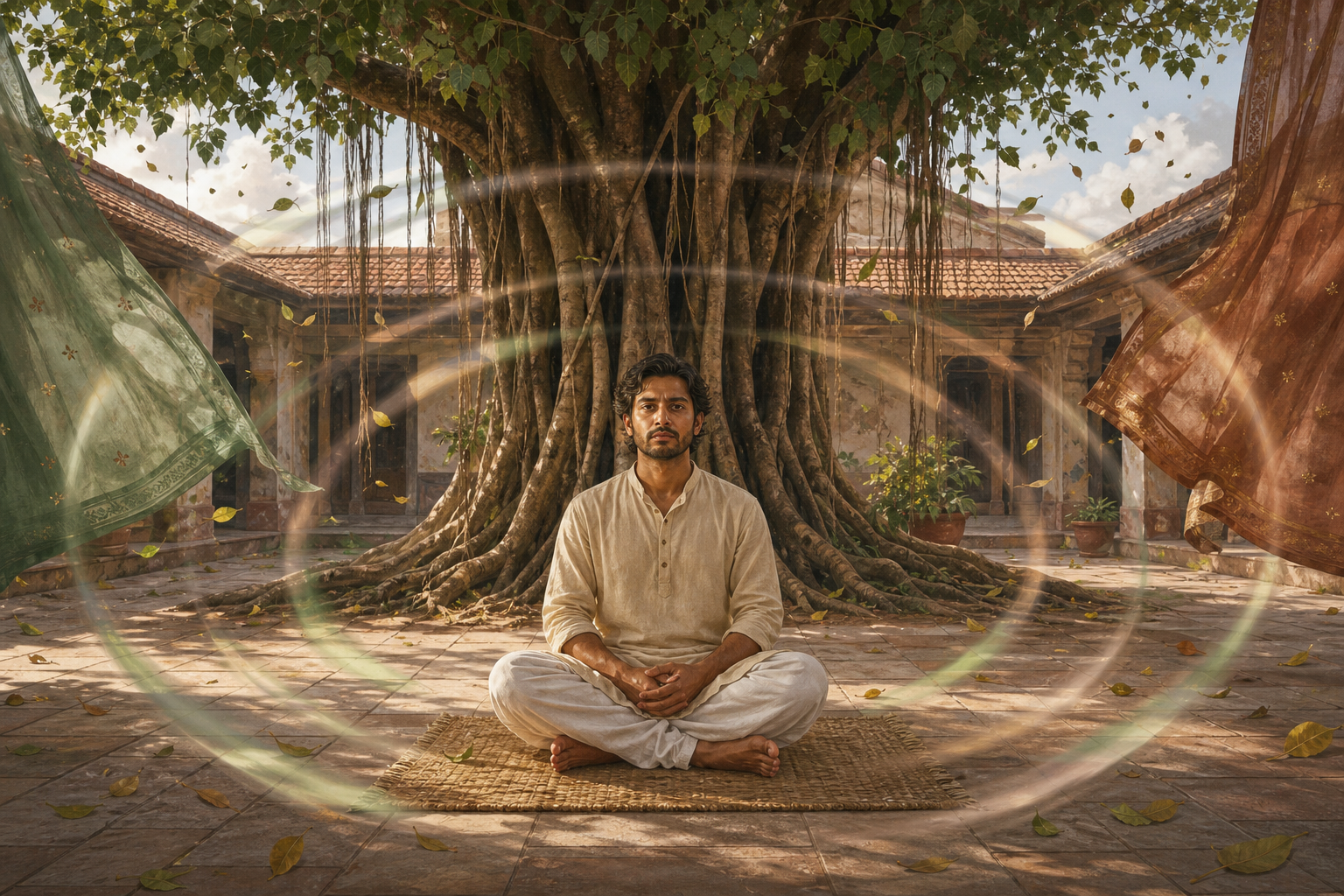 A person sits on a woven mat beneath a deeply rooted banyan tree while curtains and fallen leaves move in the wind around the courtyard.