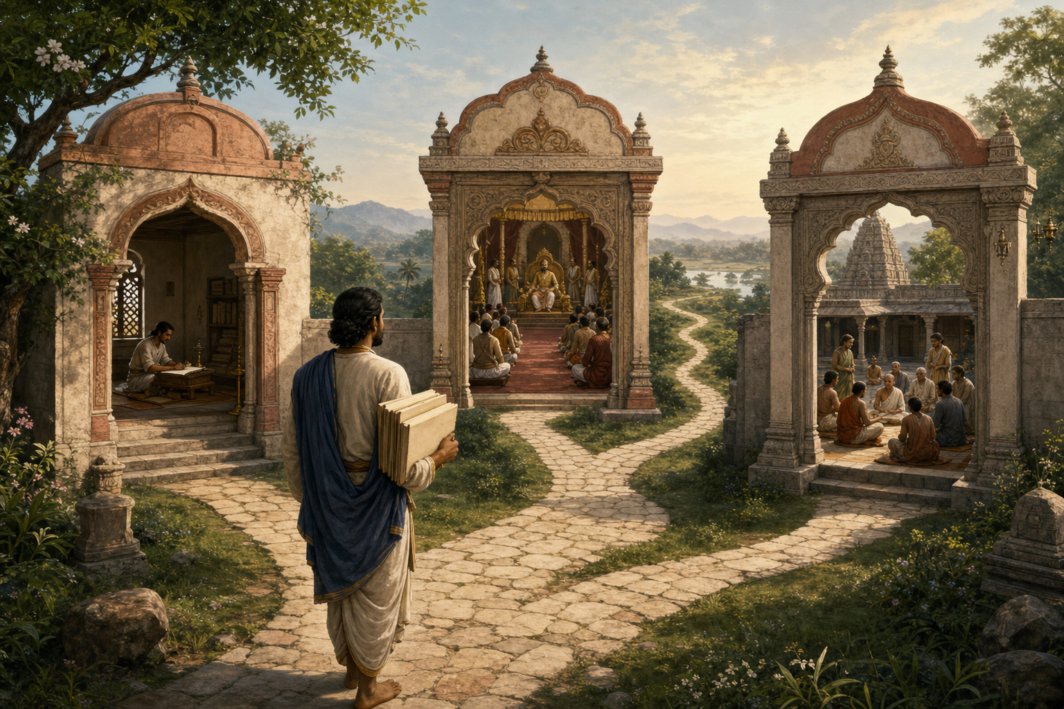 A reader carrying blank manuscript bundles approaches three connected gateways leading to a poet's chamber, royal court, and temple courtyard.