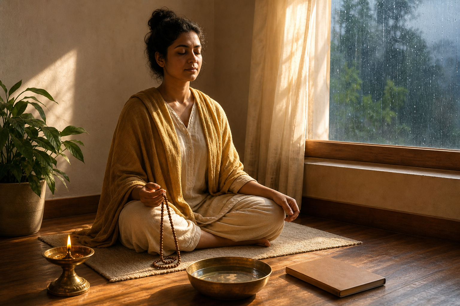 An Indian adult meditates in a quiet home corner beside a brass oil lamp, prayer beads, a bowl of water, and a closed journal while rain falls outside.