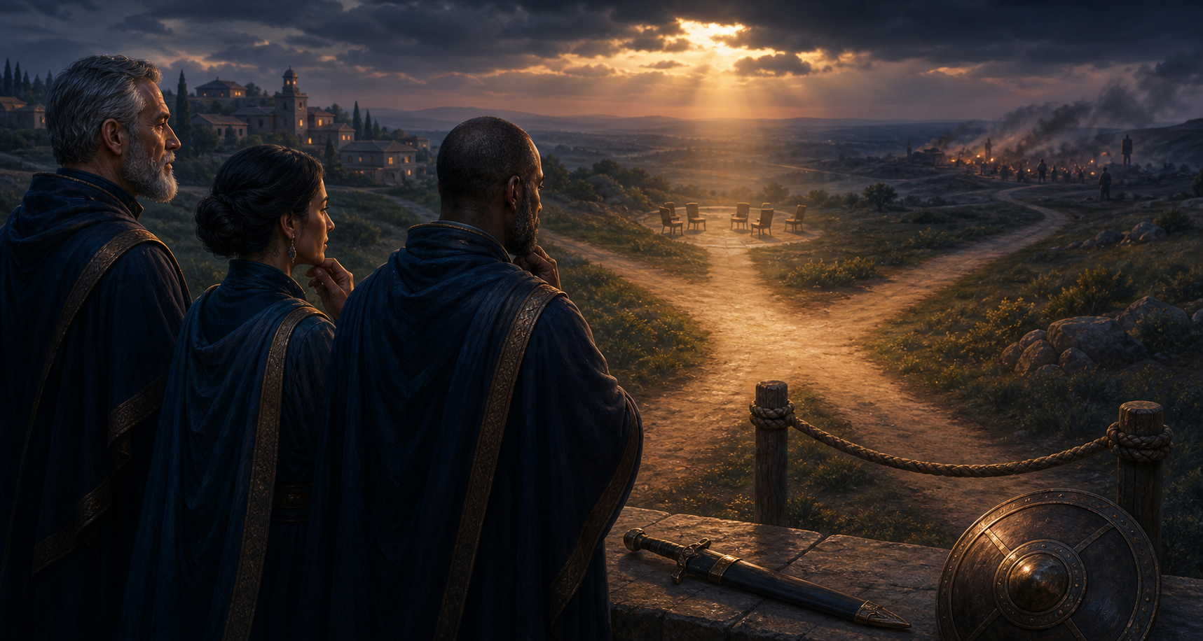 Three council members assess a distant disturbance at a crossroads beside a boundary rope, shield, meeting space and sheathed sword.