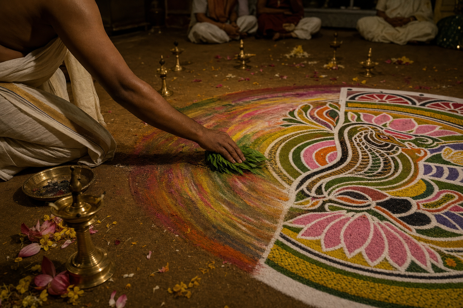 A practitioner ritually gathers the colored powder of a serpent-and-lotus kalam after worship while observers remain outside the boundary.