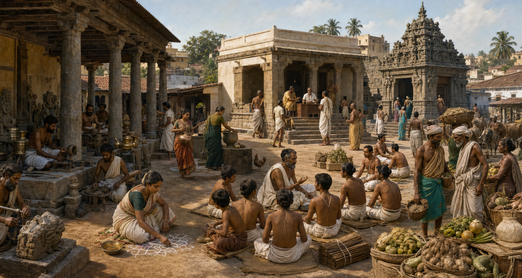 Artisans, householders, students, officials, farmers, and worshippers carry out interconnected duties in a premodern South Indian city.