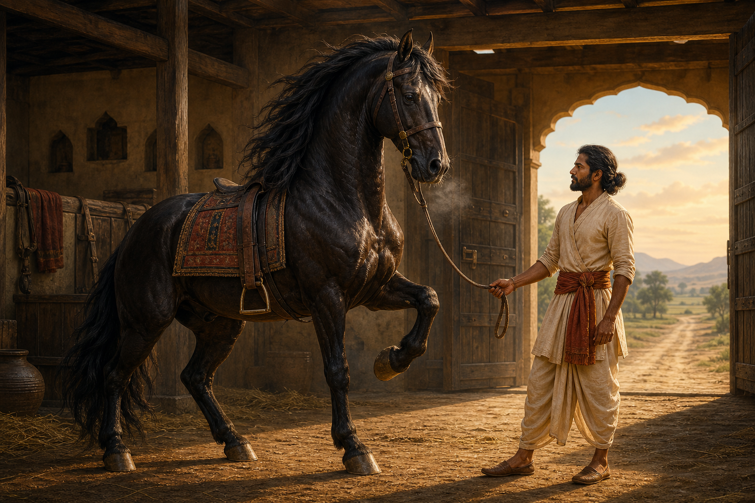 A calm horse keeper holds the loose rein of an alert dark stallion beside an open stable gate.