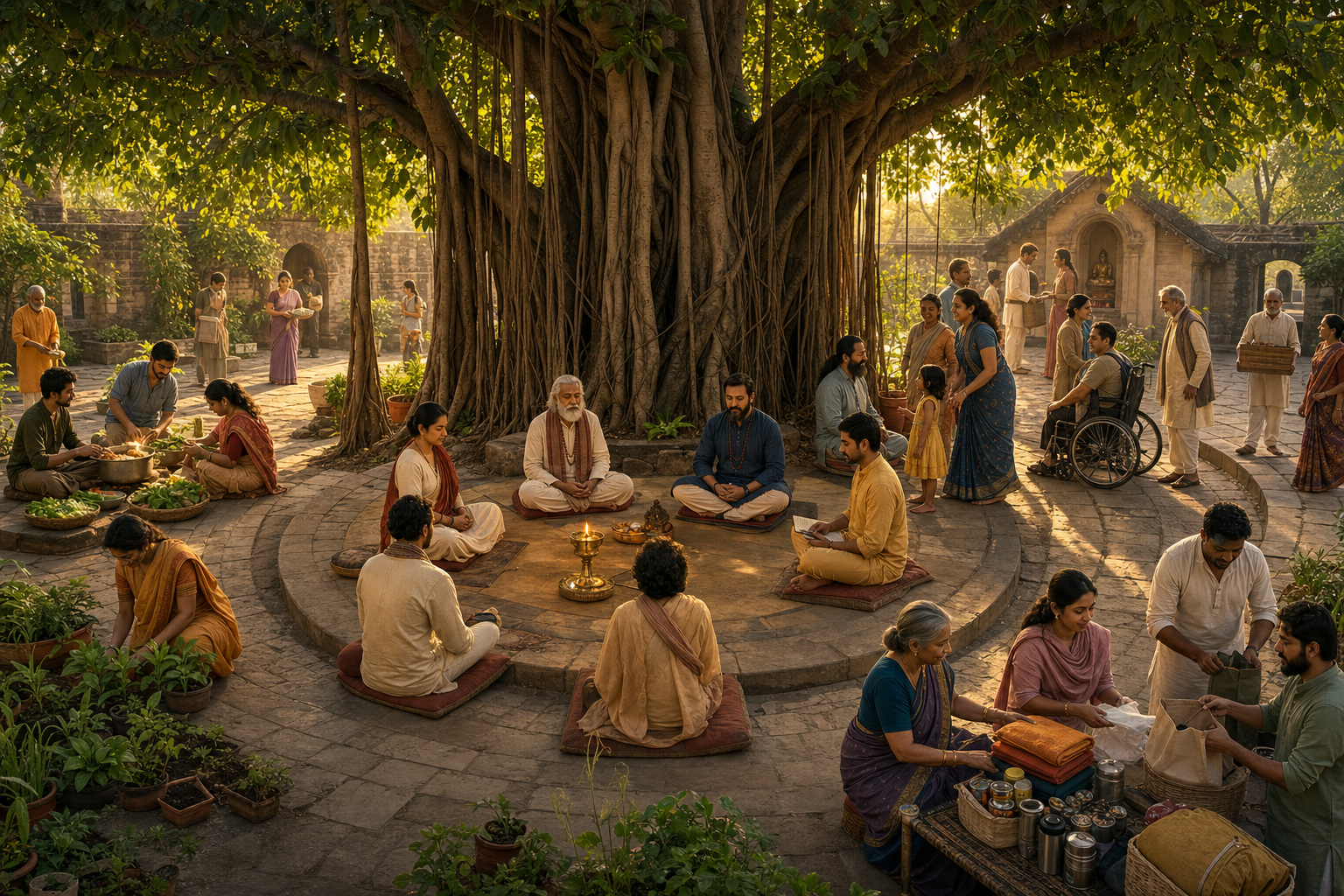 A large banyan tree shelters a small inner practice circle and a wider community cooking, gardening, and preparing service supplies in a courtyard.