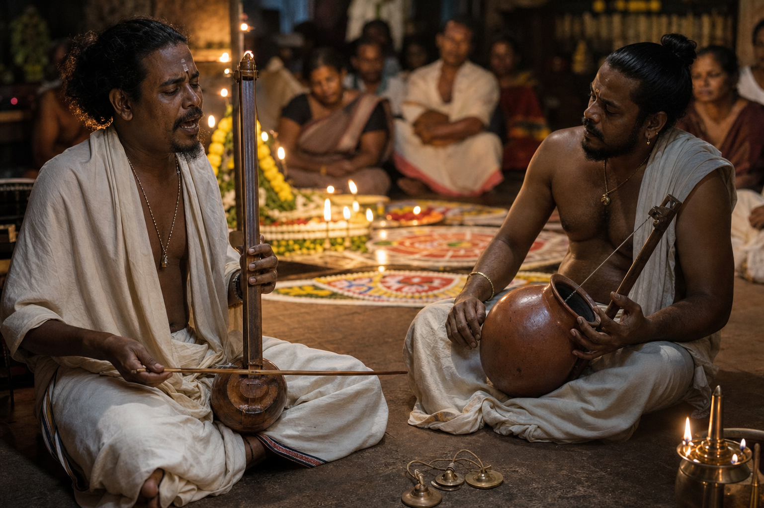 Seated ritual musicians sing and play a one-string veena and an earthen pot instrument beside a softly lit serpent kalam.