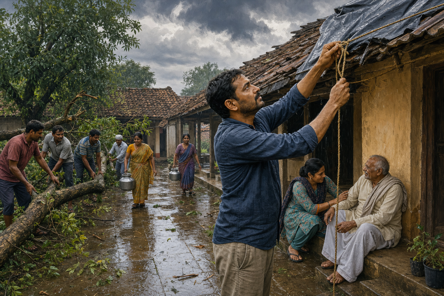 Neighbors work together in a rain-wet village courtyard as one person ties a roof covering and others move a branch, carry water, and assist an older resident.