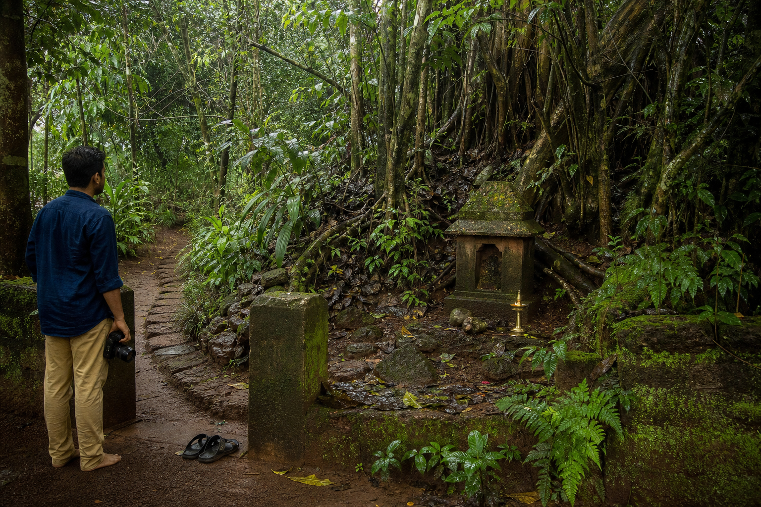 A visitor waits outside a lush Kerala serpent grove where a small shrine and oil lamp stand among mature trees, roots, and ferns.