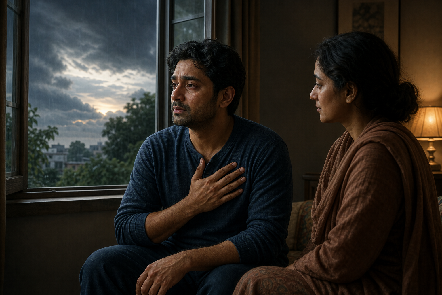 An emotional adult sits beside an open window with one hand on their chest while a family member remains quietly nearby in a softly lit room.