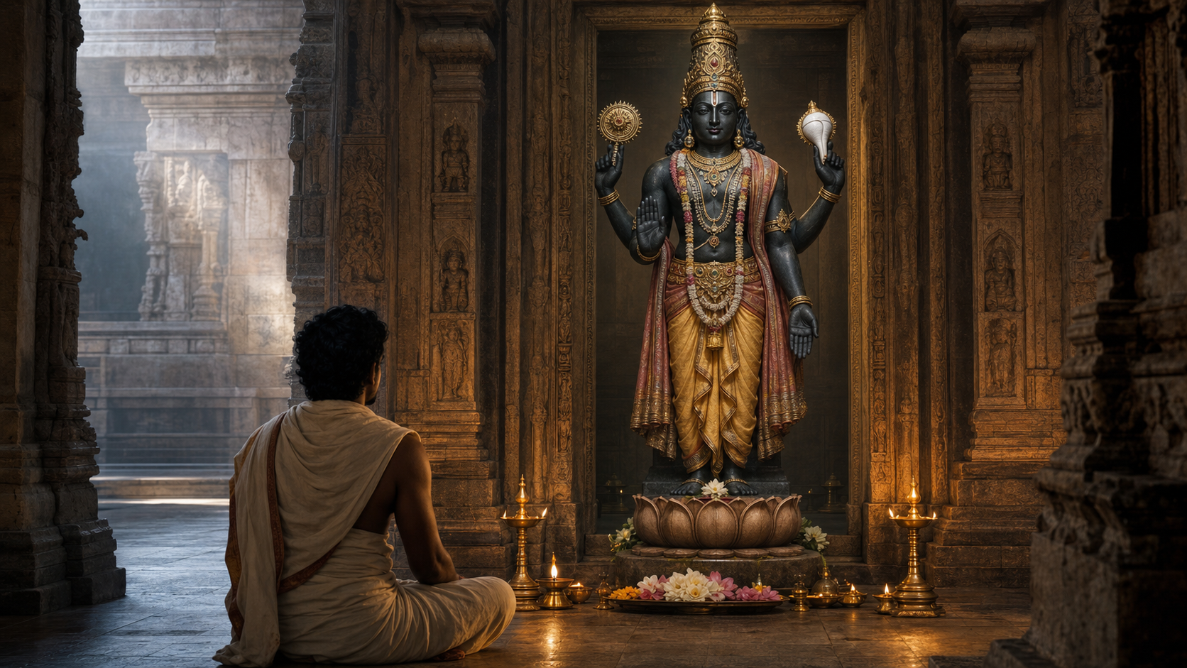 A devotee stands before a four-armed stone Vishnu murti whose posture, hand gestures, conch, chakra, and lotus pedestal are illuminated by temple lamps.