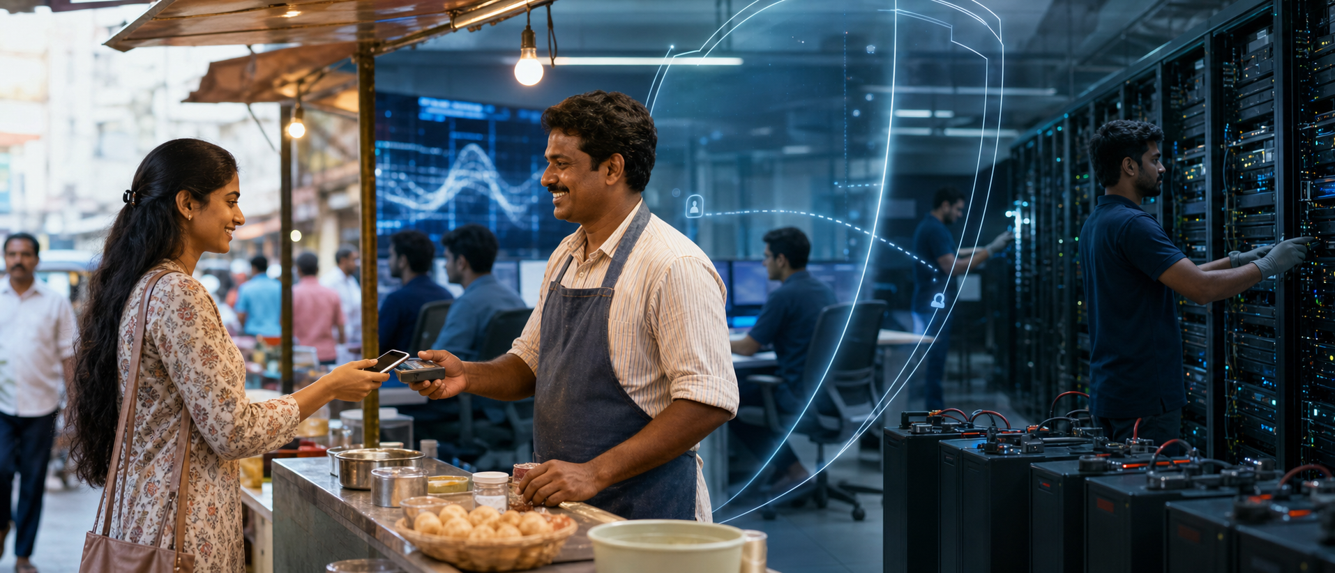 A customer pays a street vendor by phone while engineers, servers, security layers, and backup power operate behind the transaction.
