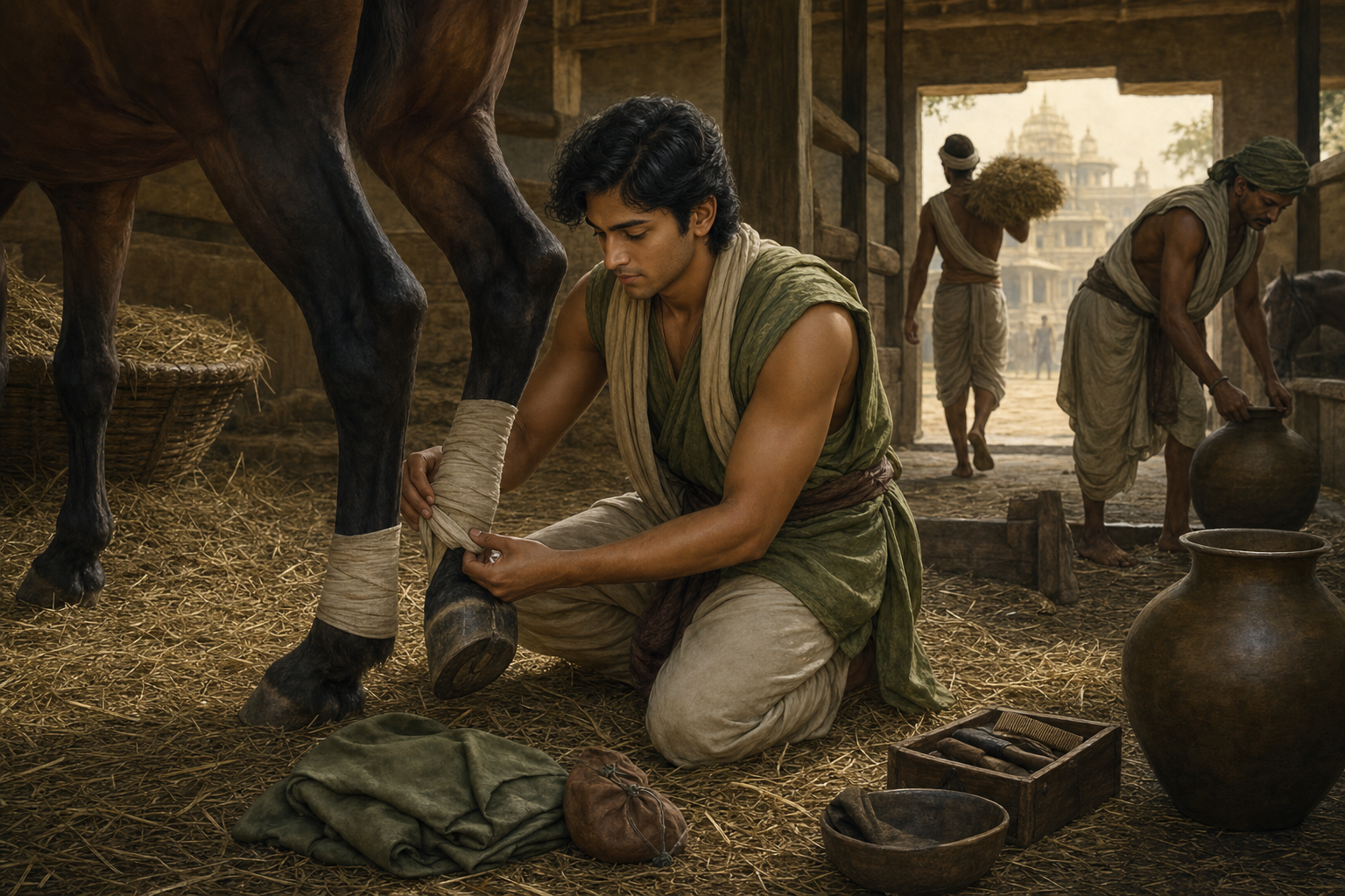 Nakula, dressed as an ordinary stable worker, kneels to repair a horse's hoof wrapping while other workers perform daily chores.