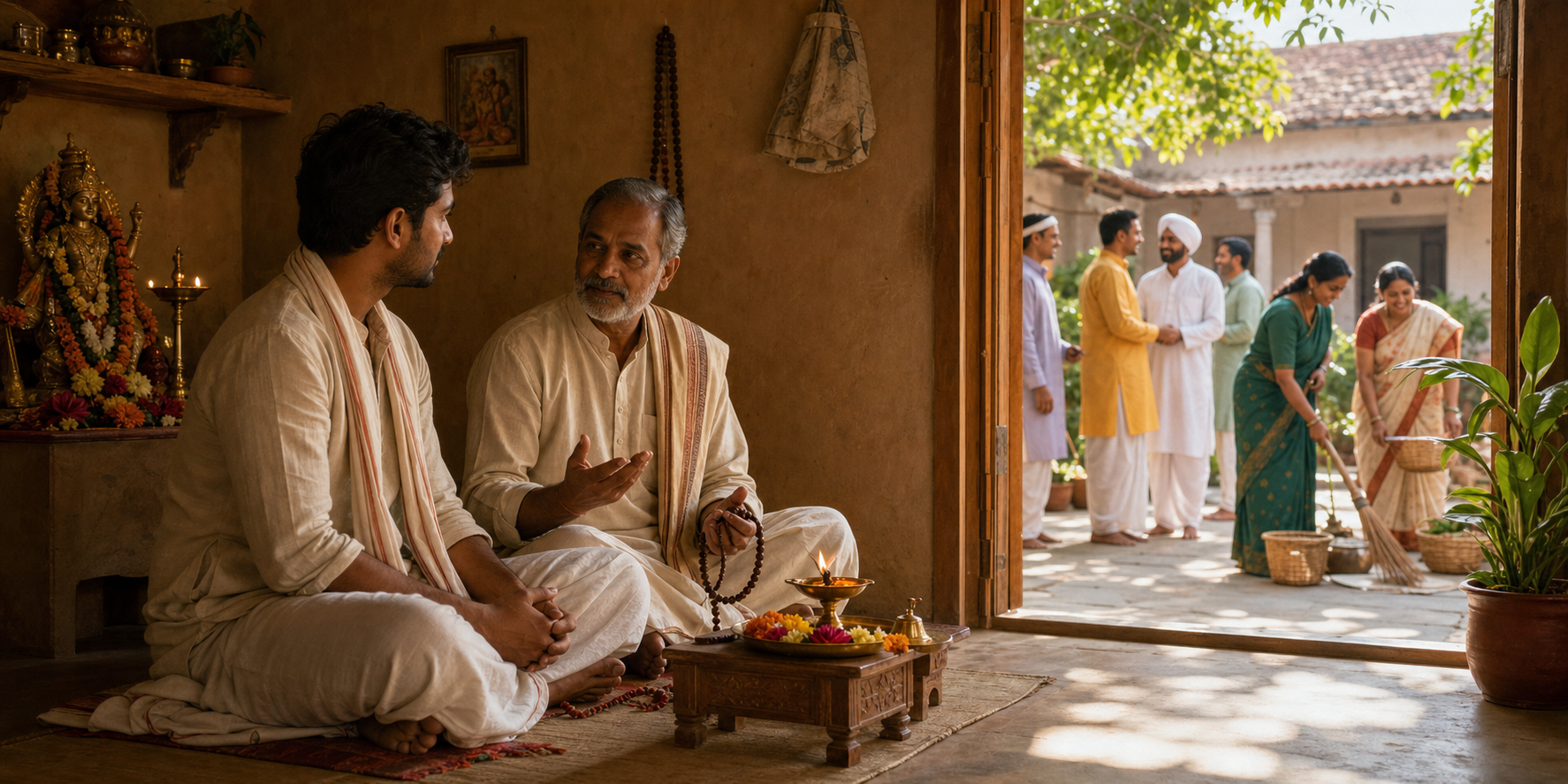 A practitioner and teacher sit in a modest shrine room while an open doorway reveals neighbors gathering in a sunny courtyard.