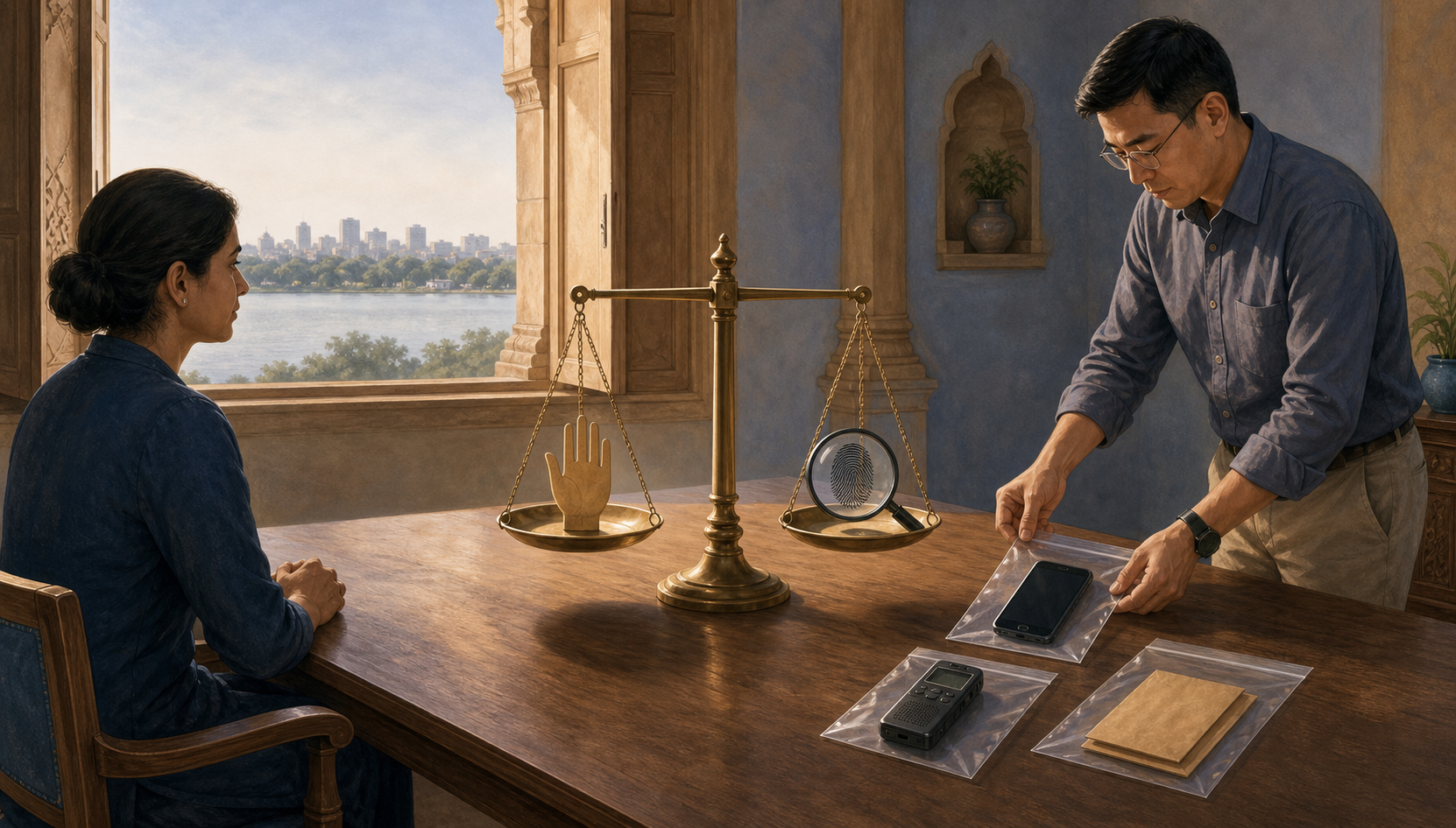 An anonymous adult sits safely at a table while a neutral custodian preserves a phone and other evidence, with a balanced scale symbolizing protection and proof against a Bhopal lakeside city backdrop.