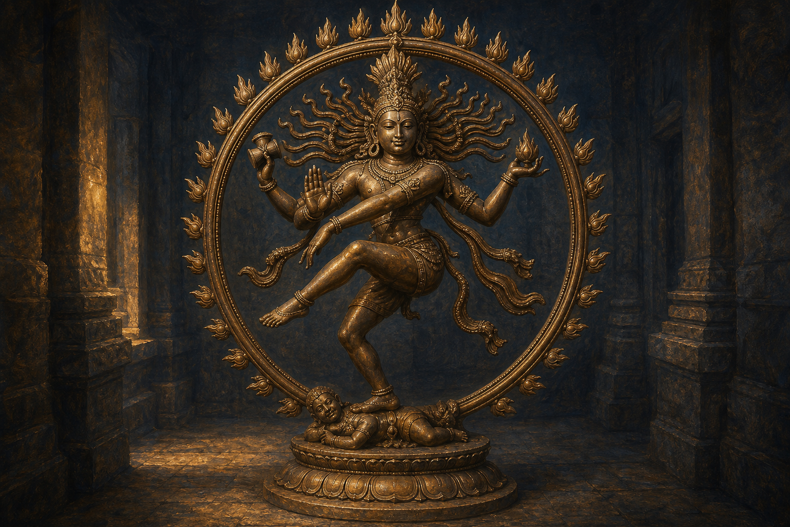 A bronze Shiva Nataraja balances within a ring of flames, with one foot grounded, one raised, and four hands arranged around the dancing body.