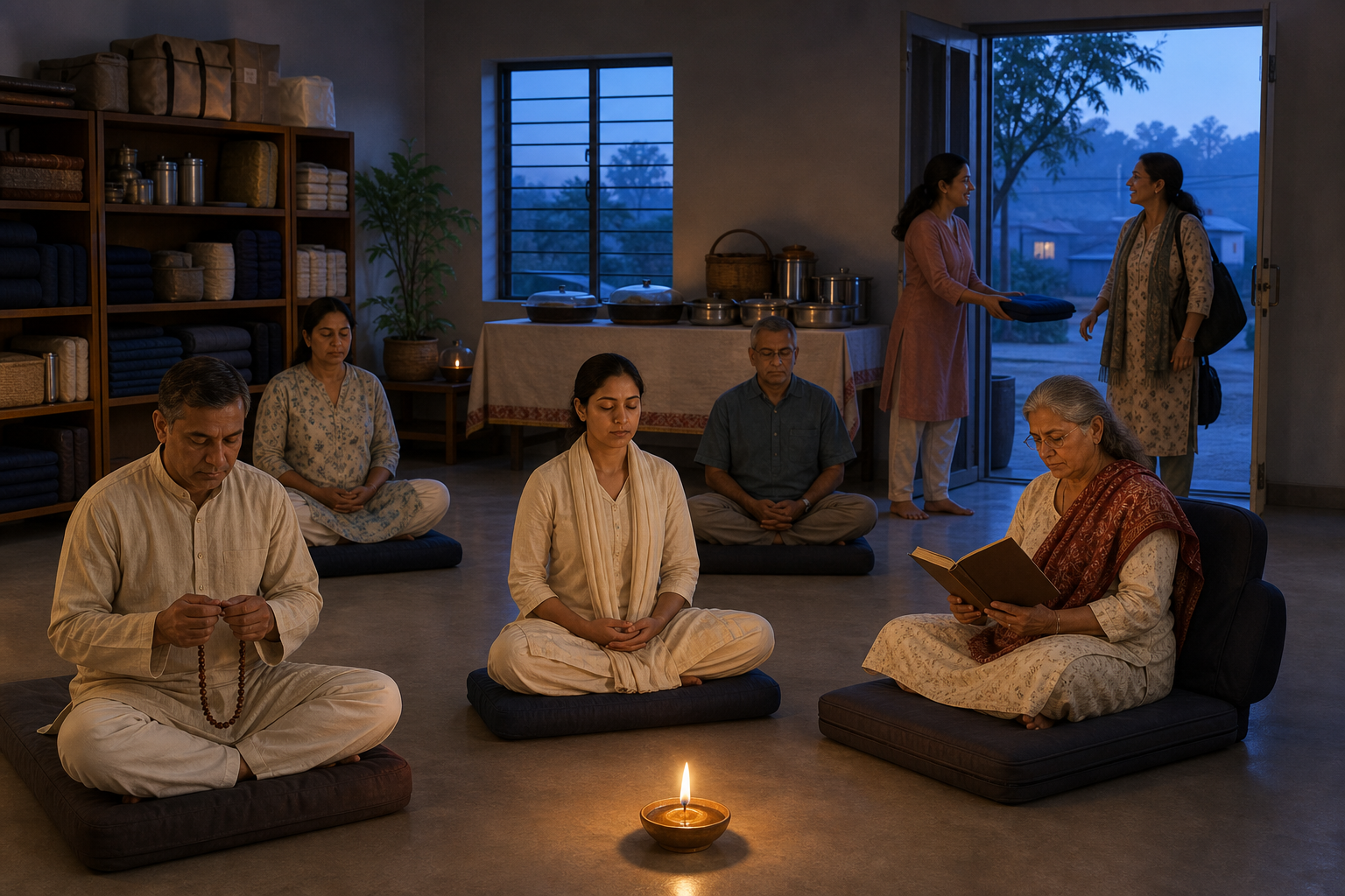A small group practices quietly before dawn in a clean community hall as one member welcomes another with a cushion.