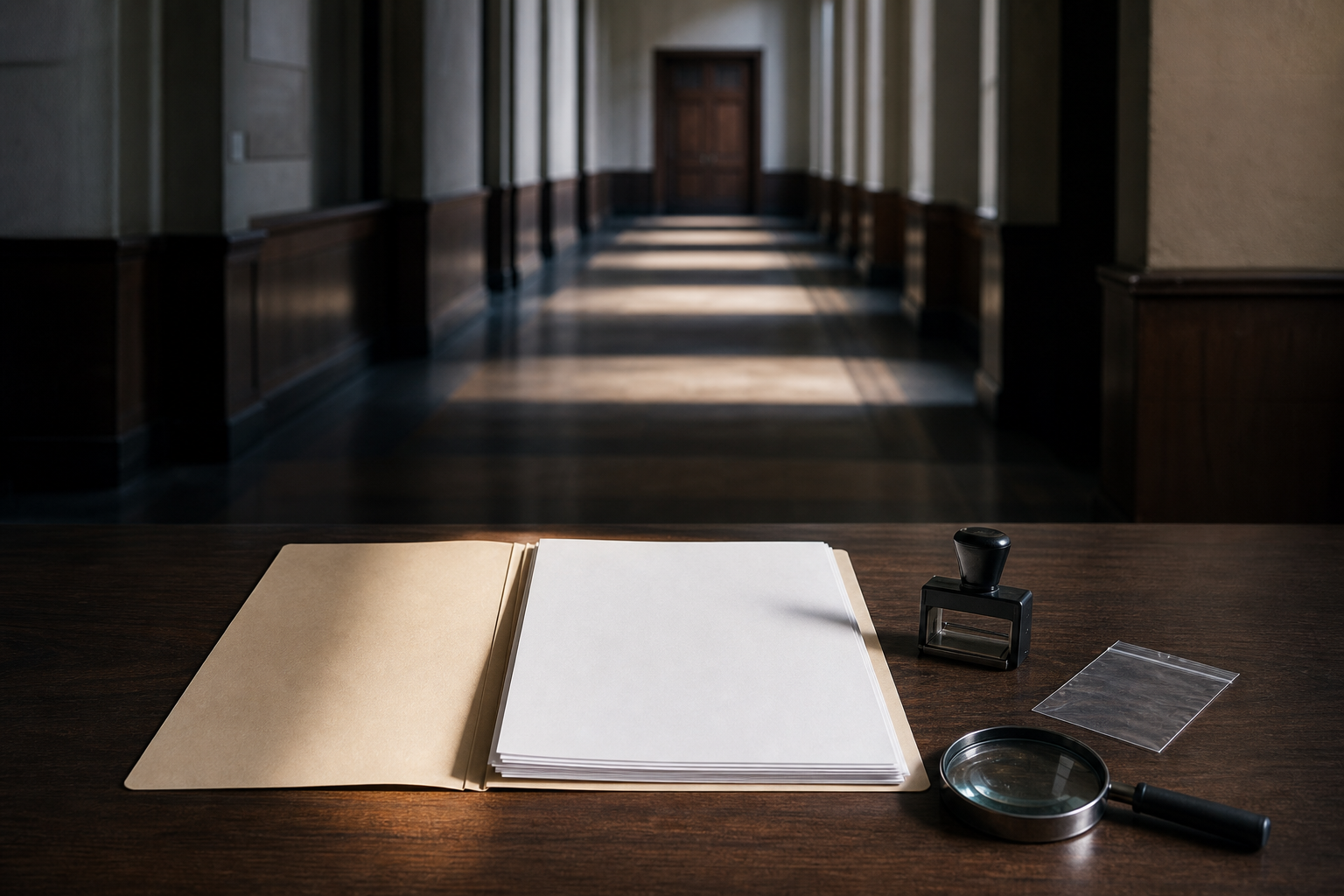 An unfinished blank case folder and evidence bag sit at the entrance to a long corridor leading toward a distant closed courtroom door.