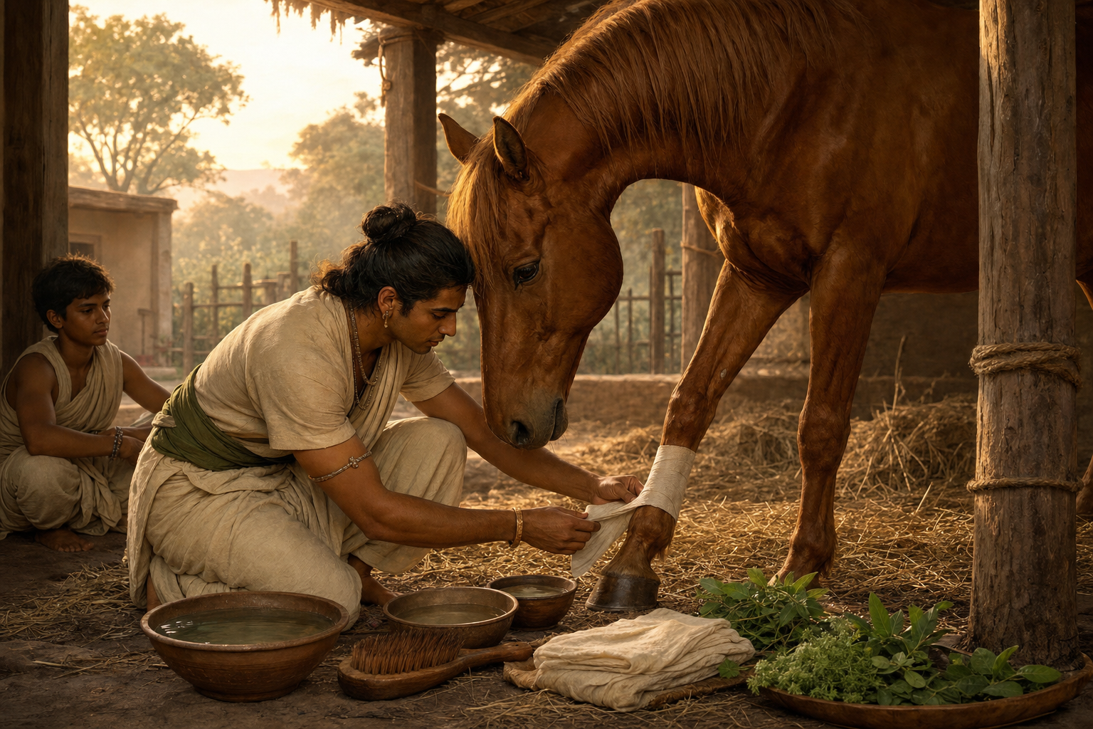 Nakula gently dresses a minor leg wound on a calm chestnut mare using water, linen, and medicinal leaves.