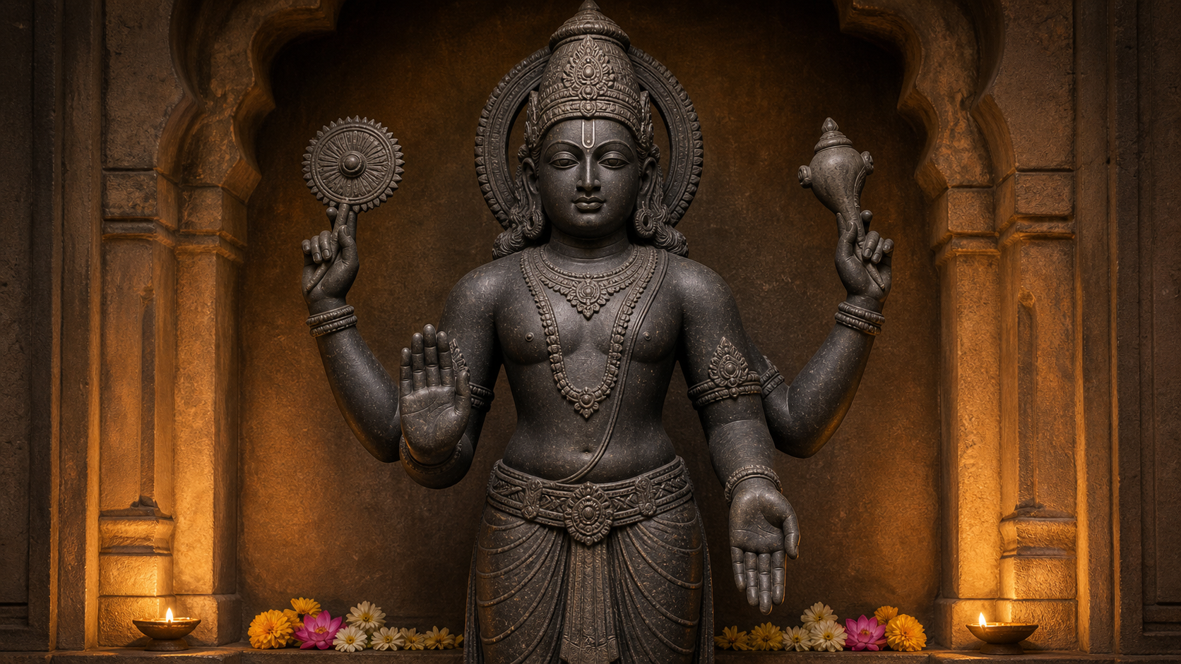 A close view of a four-armed Vishnu murti shows hands holding a chakra and conch and forming protective and giving gestures.