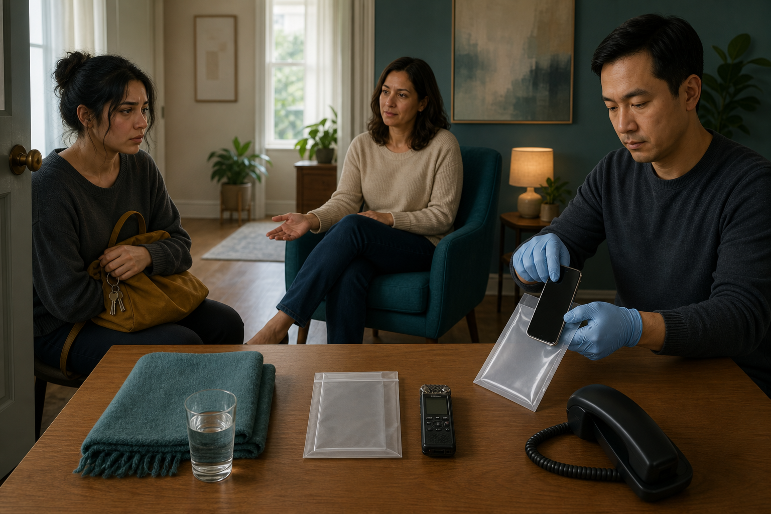 A trusted helper supports an adult in a private room while another person carefully preserves a powered-off phone in a transparent evidence sleeve.