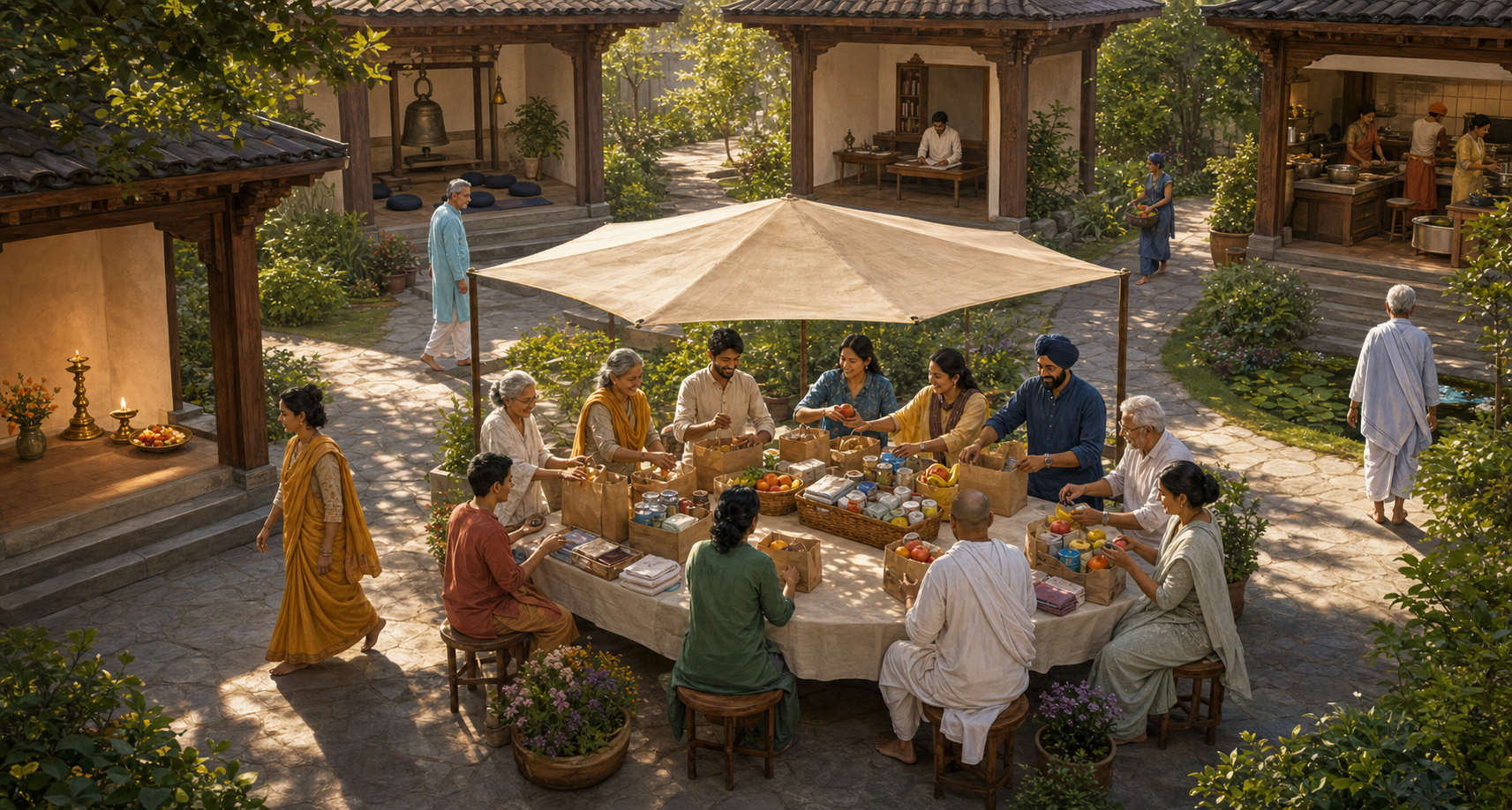 People from several Dharmic communities prepare care packages at a shared courtyard table surrounded by distinct practice pavilions.
