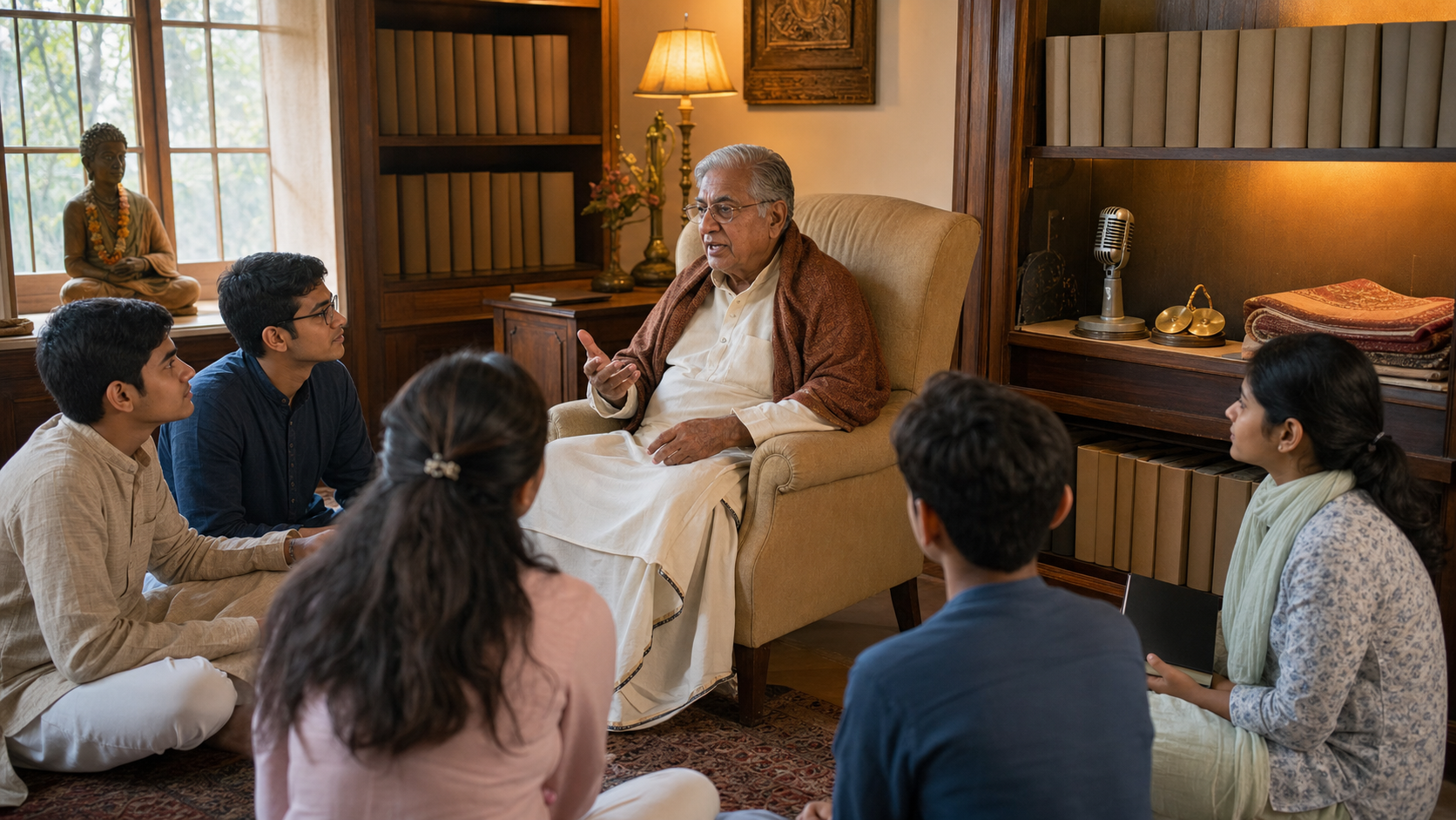 An elderly devotee shares memories with teenagers and young adults in a temple library containing sacred books, an old microphone, hand cymbals and a folded shawl.