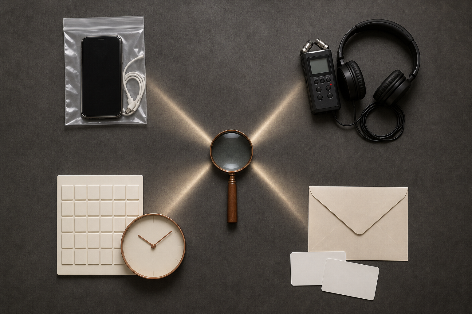 Four separated evidence groups, including a phone, recorder, clock, and sealed envelope, are examined under a central magnifying lens.