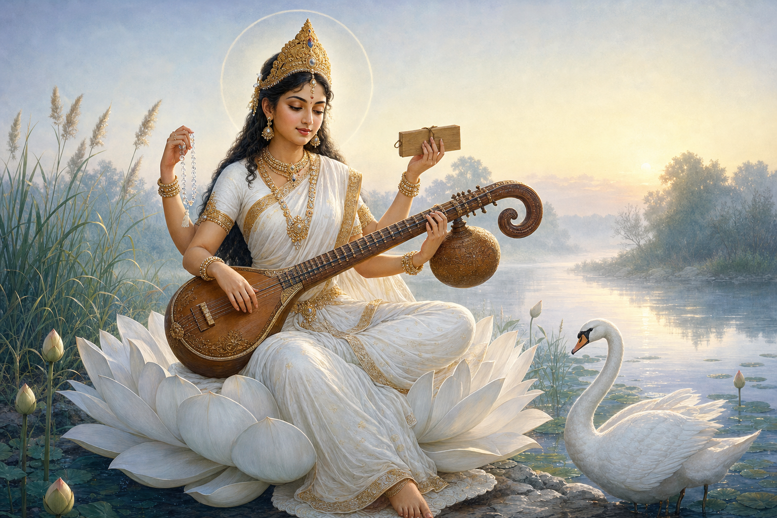 Saraswati in white garments sits on a white lotus by a river, playing a veena with a swan beside her and holding a mala and closed manuscript.