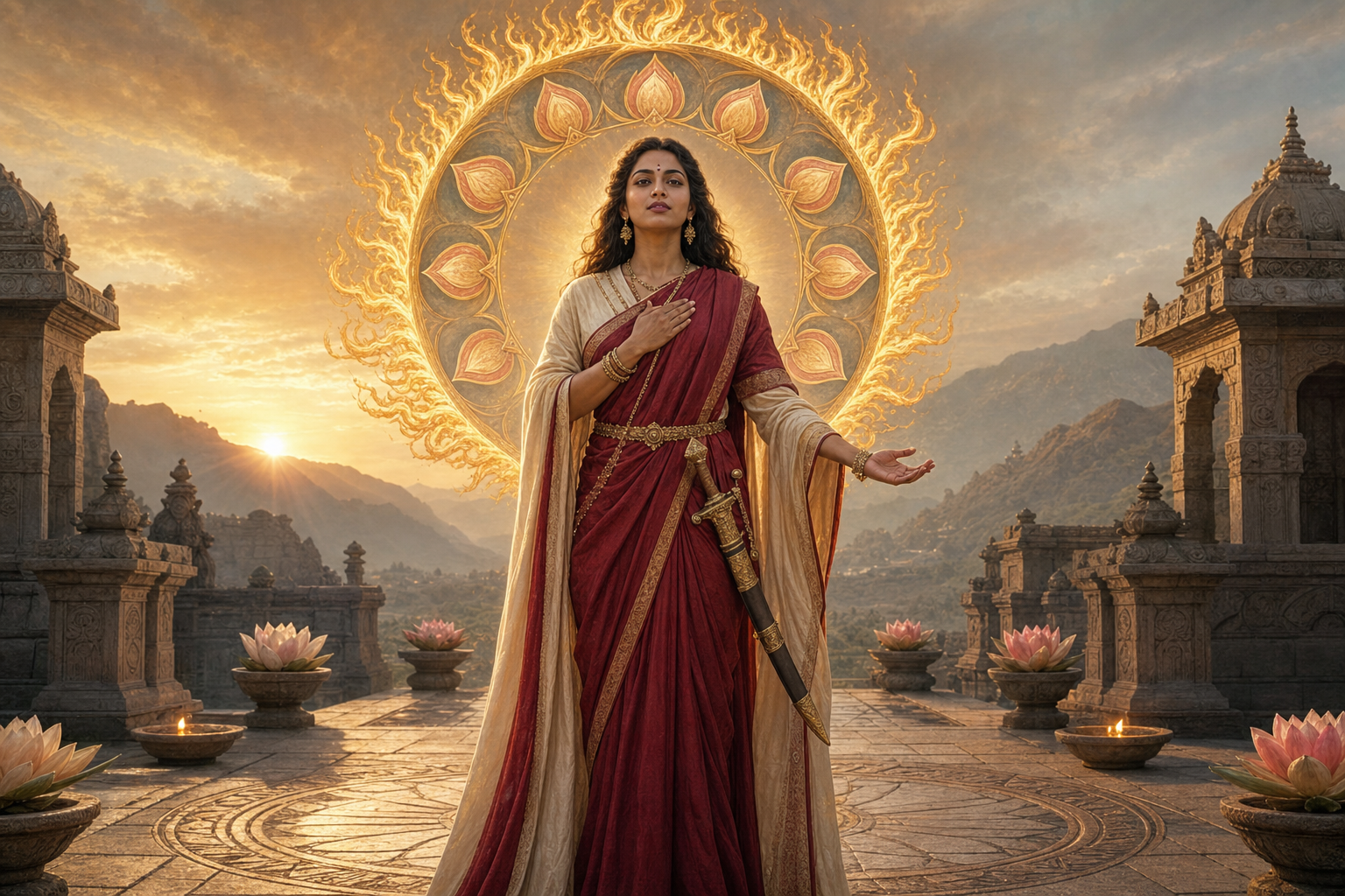 A poised South Asian woman stands in a dawn courtyard before a circle of golden flames and lotus petals, with a sheathed sword at her side.