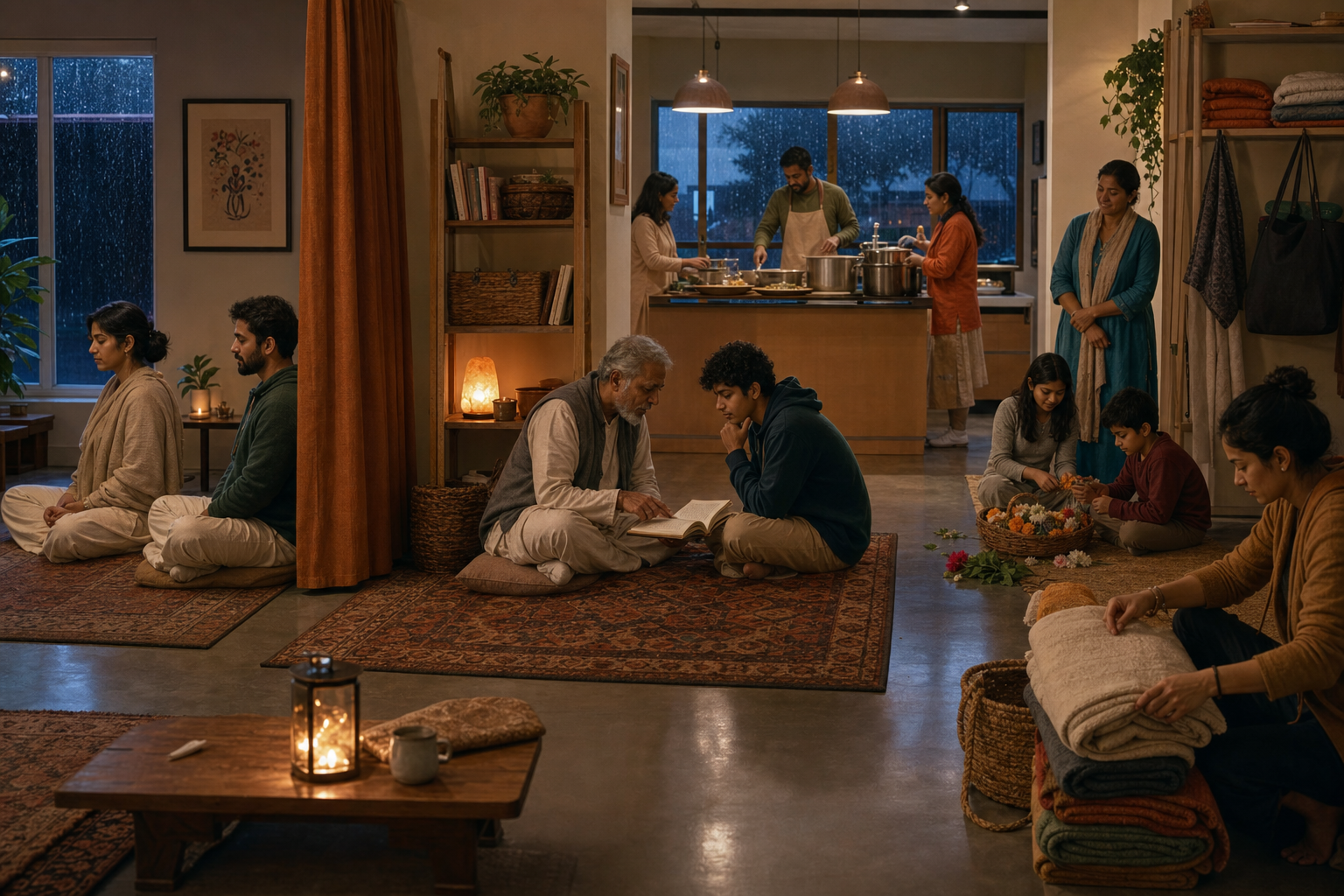 People meditate, study, cook, care for children, and organize blankets in a modest community center on a rainy weekday evening.