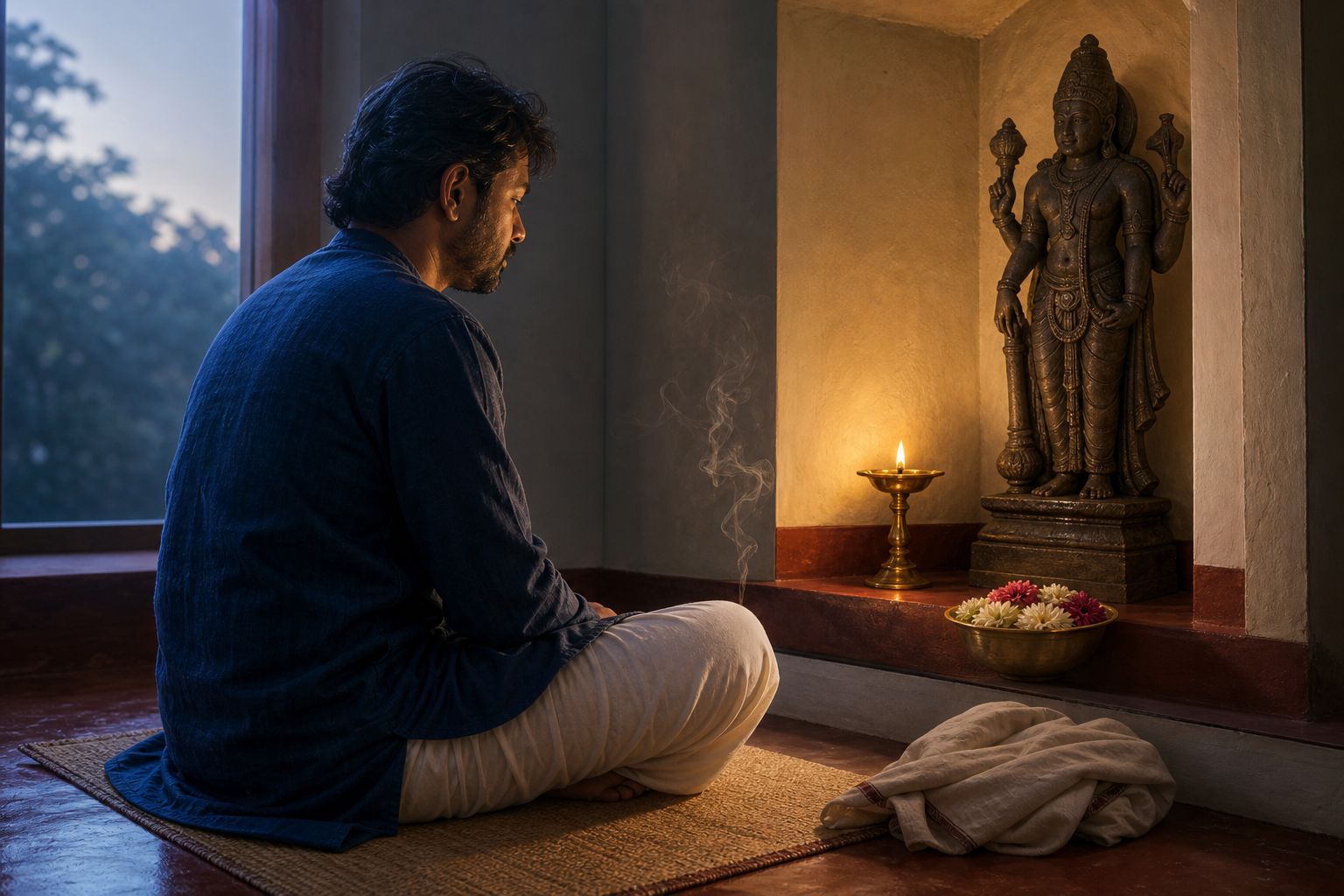 A seated devotee quietly studies the posture, hands, attributes, and pedestal of a small murti in a lamp-lit home shrine.
