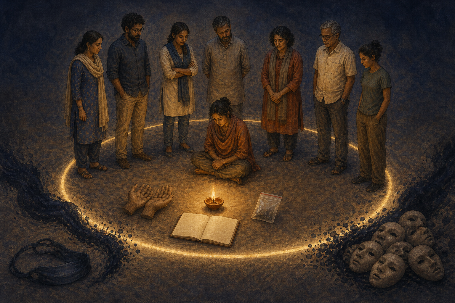 A diverse group forms a calm protective circle around a seated person as a clay lamp illuminates open hands, an evidence pouch, and blank pages.