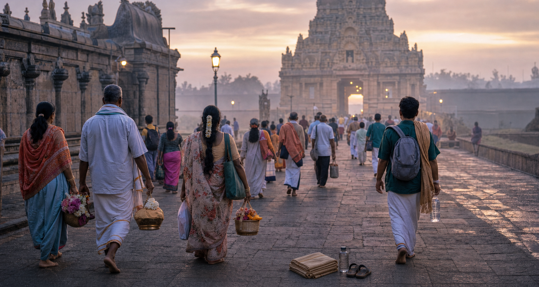 Pilgrims carrying flowers and travel bags walk toward a Hindu temple gateway in the soft light of dawn.