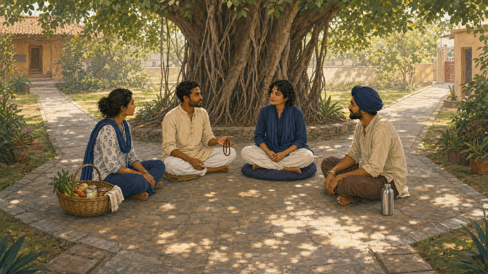 Four friends sit in conversation beneath a banyan tree, with prayer beads, a meditation cushion, a food basket, and other personal items kept beside their owners.