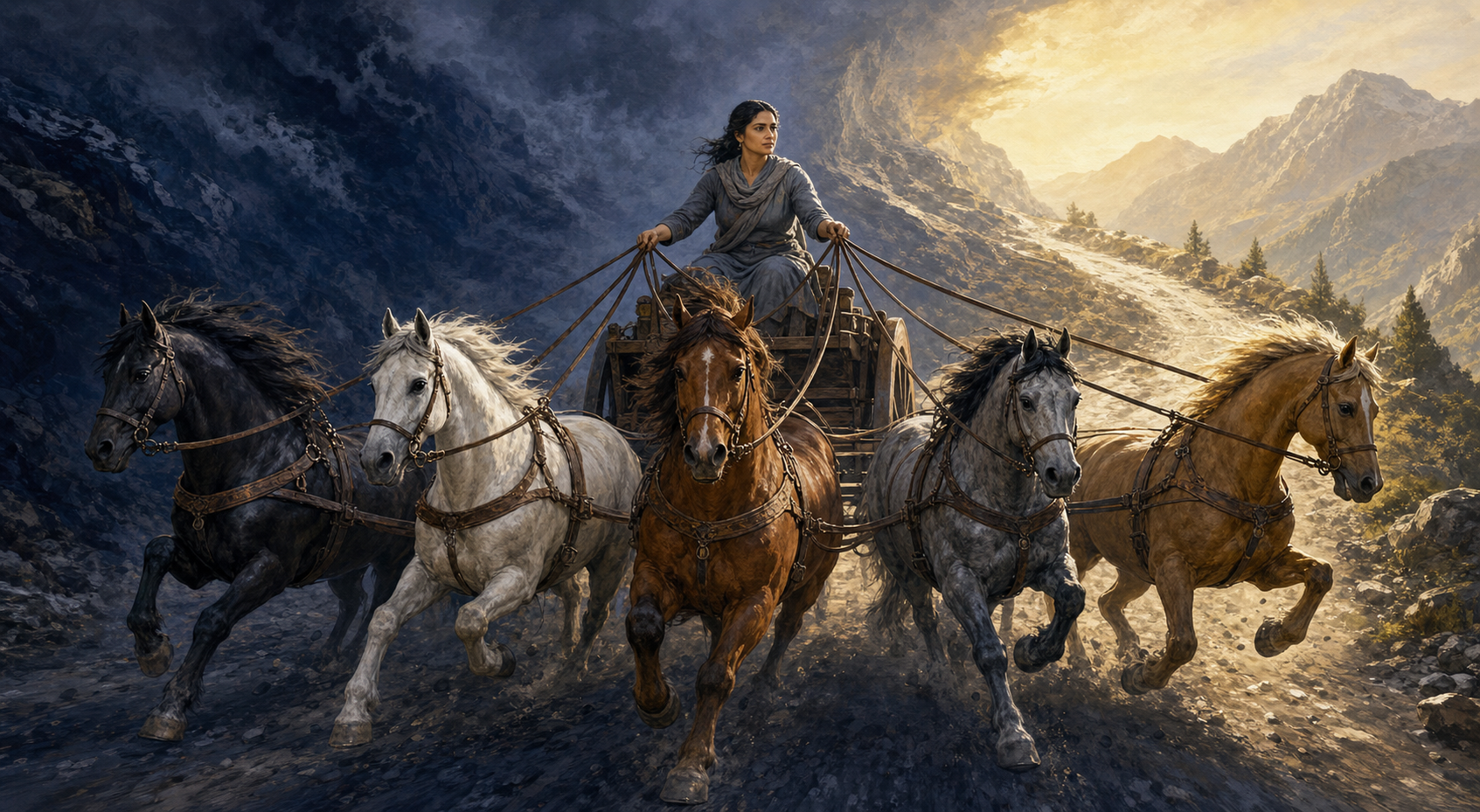 A woman calmly guides five energetic horses pulling a chariot along a mountain road toward the morning light.