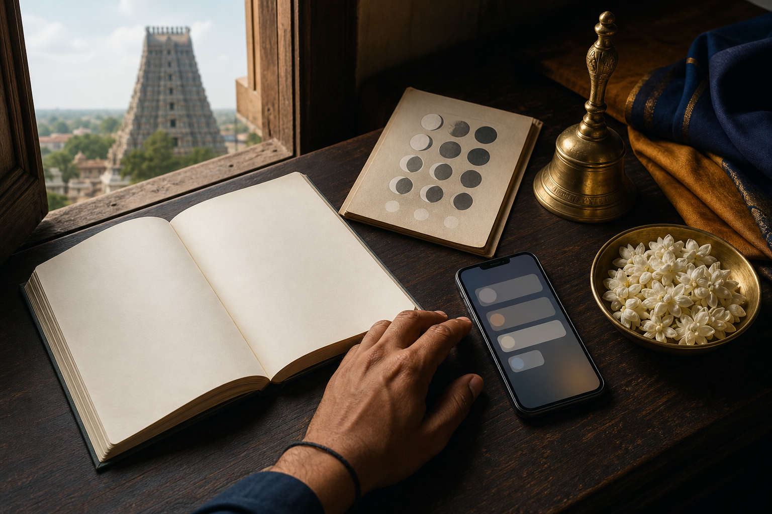 A hand rests beside a blank travel booklet, moon-phase illustrations, a smartphone, a brass bell and jasmine flowers on a wooden desk.