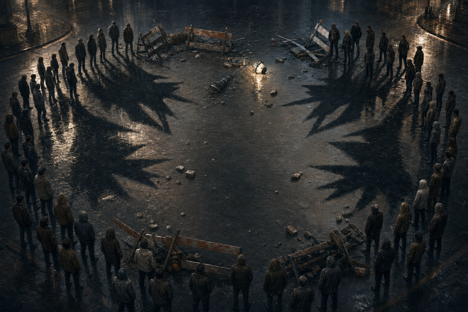 Two anonymous groups face each other across a barricaded wet street while their matching shadows form a repeating circular pattern.