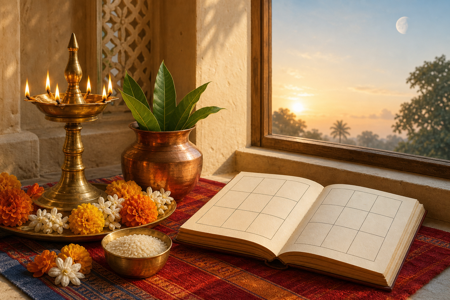 A brass oil lamp, copper kalash, flowers, rice bowl, and open blank almanac sit beside a window at sunrise, with a faint waning moon in the sky.